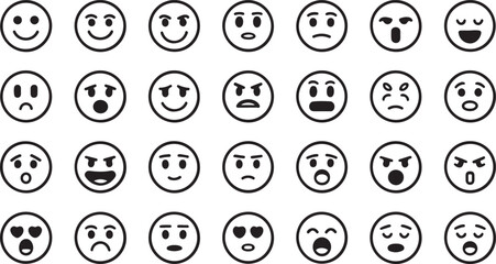 Thick-lined emoticon collection with expressive moods for chat and messaging interfaces