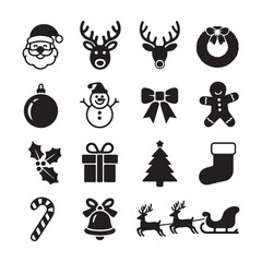 Christmas Icon Set &ndash; Santa, Reindeer, Snowflake, Tree, Bell, Gift, Gingerbread, Sleigh &ndash; Holiday Silhouettes Vector