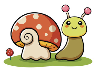 Enchanted Woodland Critters Featuring a Cute Cartoon Snail and a Joyful Mushroom, Rendered in Clear Line Art for Kids.eps