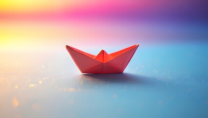 Obraz premium Red paper boat floats on calm water with colorful background. The small paper boat represents hope, dreams, and journey