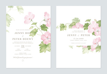Wedding invitation and save the date template set of elegant pink Geranium Mavis Simpson flowers and leaves on a solid white background