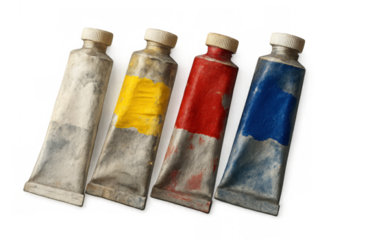 Paint tubes squeezed, spilling vibrant white, yellow, red, blue colors, lying on transparent surface, ready for artistic expression