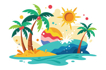 Summer Vibes Illustration A Beautifully Rendered Tropical Beach with Palm Trees and a Sun, Surrounded by Expressive Color Splashes.eps