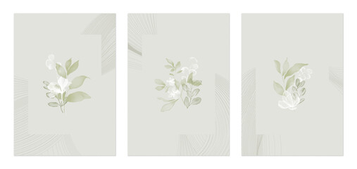 Flower wall art set, minimalist subtle translucent green and white botanical elements on a light gray background