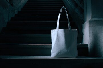 A plain white tote bag sits on dark stone steps in low light, casting a subtle shadow