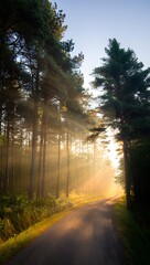 Fototapeta premium Sunbeams filtering through the trees illuminating a pathway in a forest during sunrise. The scene is serene and picturesque. 