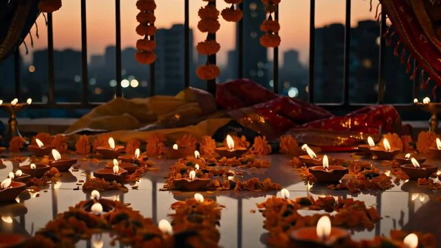 happy dasara video - A vibrant festival scene at dusk, showcasing traditional oil lamps and marigold flowers adorning a balcony, with a city skyline in the background