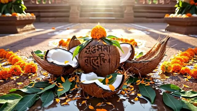 happy dasara video - A beautifully arranged ceremonial setting featuring broken coconuts adorned with marigold flowers, set on a stone surface with sunlight streaming in, creating a festive atmosphere