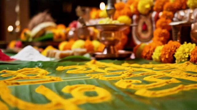 happy dasara video - Vibrant festive altar adorned with colorful powders, fruits, and flowers, set against a backdrop of incense smoke and decorative elements, celebrating a cultural ritual
