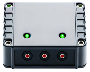 Electronic device with green indicator lights and red buttons on a transparent background