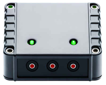 Electronic device with green indicator lights and red buttons on a transparent background