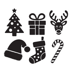 Christmas Silhouette Icons – Tree, Gift, Reindeer, Hat, Candy, Stocking – Festive Holiday Vector Set