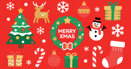 Festive Christmas Cheer A Cheerful Holiday Season Featuring Classic Icons and Playful Holiday Decorations Against a Vibrant Red Background