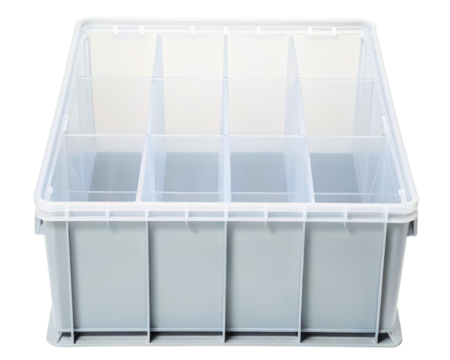 Empty clear plastic storage container with internal dividers on a transparent background