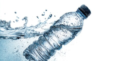 A partially submerged plastic bottle of water creates a dynamic splash against a white background