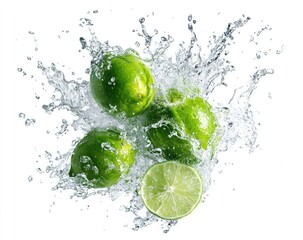 Image of Three whole limes and a lime wedge splashing in clear water against a white background printed on Printed Glass Splashbacks