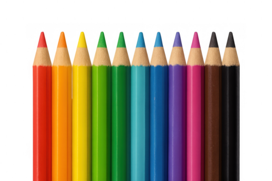 Colorful sharpened pencils standing vertically, vibrant hues aligned neatly against white background