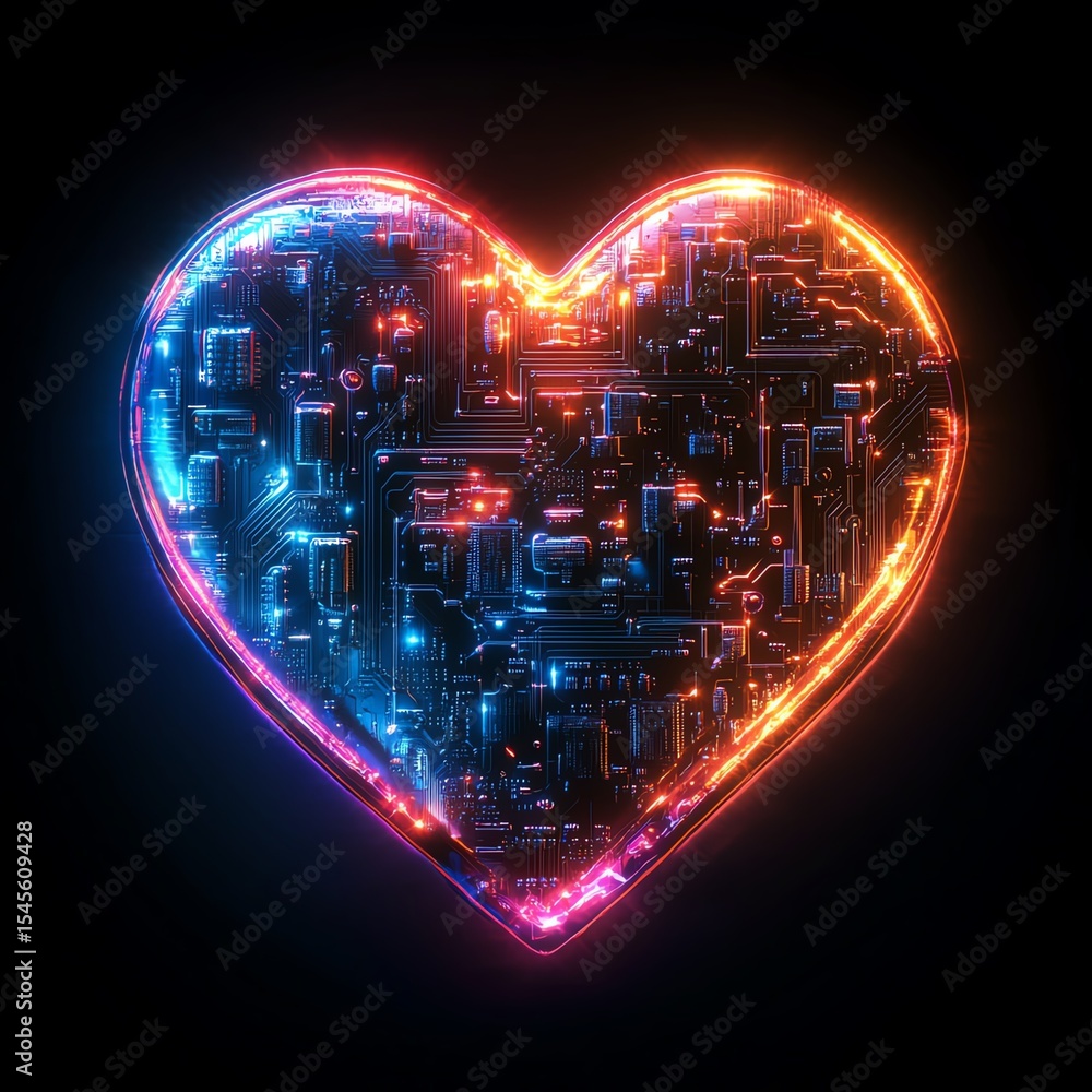 Poster neon heart of technology, circuit board computer, generative ai high resolution for isolate image