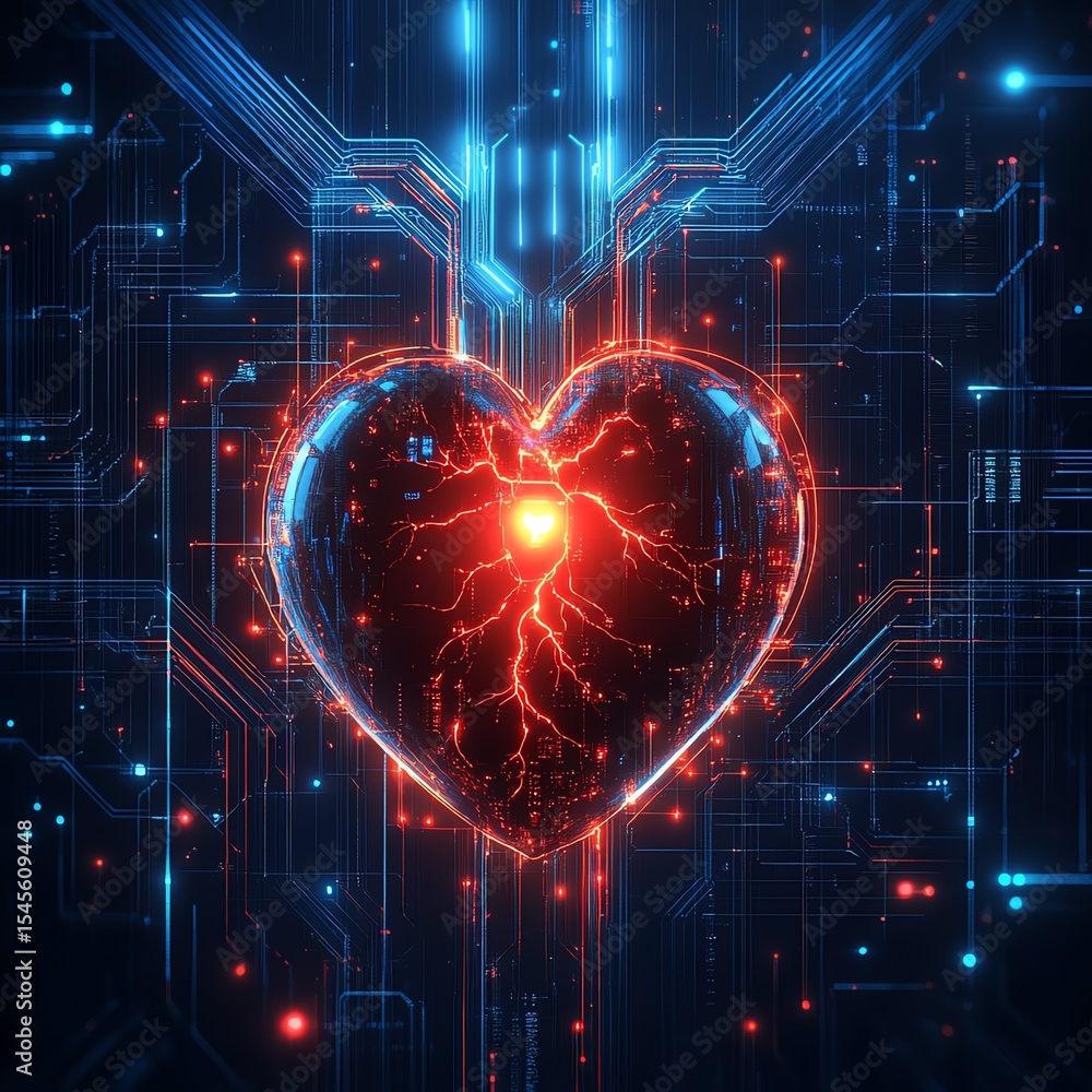 Poster a futuristic, digital heart with a red light in the center, surrounded by a glowing blue circuitry a