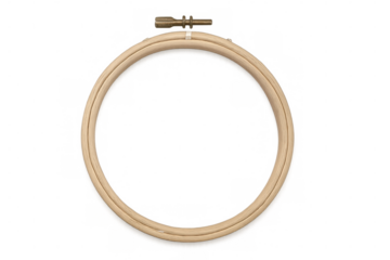 Wooden embroidery hoop suspending, crafting accessory resting against neutral transparent backdrop