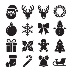 Christmas Icon Set &ndash; Santa, Reindeer, Snowflake, Tree, Bell, Gift, Gingerbread, Sleigh &ndash; Holiday Silhouettes Vector