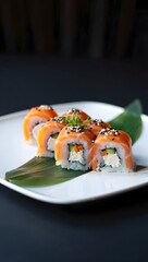 Delicious sushi rolls arranged on a plate, featuring fresh salmon and vibrant toppings. It is a foodies delight