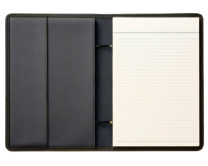 Open black professional binder with blank lined notebook paper on a transparent background