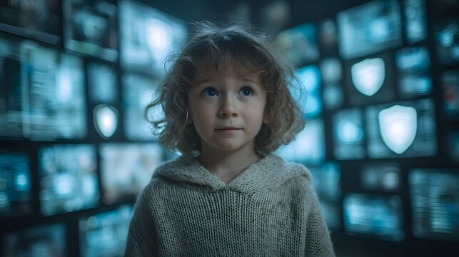 Young girl surrounded by digital security layers