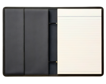 Open black professional binder with blank lined notebook paper on a transparent background