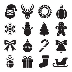 Christmas Icon Set &ndash; Santa, Reindeer, Snowflake, Tree, Bell, Gift, Gingerbread, Sleigh &ndash; Holiday Silhouettes Vector