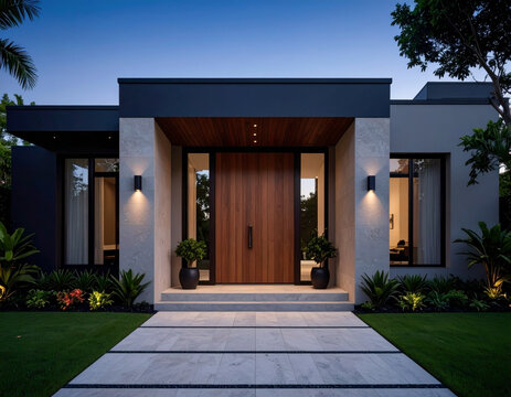 Modern house facade with clean lines and minimalist design, featuring large wooden door, floor marble entrance, and geometric shapes.