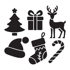 Christmas Silhouette Icons – Tree, Gift, Reindeer, Hat, Candy, Stocking – Festive Holiday Vector Set