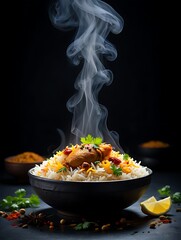A visually appealing close-up of a steaming bowl of chicken biryani