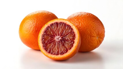 A close-up shot of a blood orange and a regular orange, one of which is sliced in half, showcasing the vibrant red flesh of the blood orange