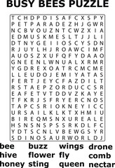 Blackand Busy Bees Word Search Puzzle Game Letters Honeycomb Hive Queen Drone Wings Flower Fly Nectar Sting Buzz