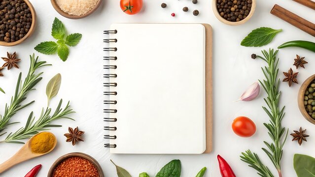 Blank Recipe Notebook Surrounded by Fresh Herbs and Spices