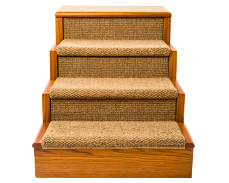 Small set of wooden stairs with textured carpet treads on a transparent background
