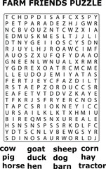 Blackand Farm Animals Word Search Puzzle Game Educational Activity Worksheet Printable
