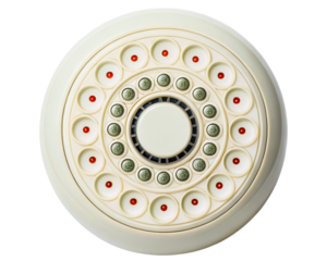 Retro circular control panel with red and green push buttons arranged in rings on a transparent background