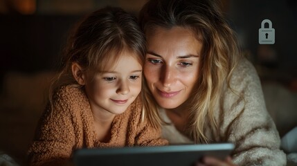 Parent and child browsing a tablet together with a digital lock in the background