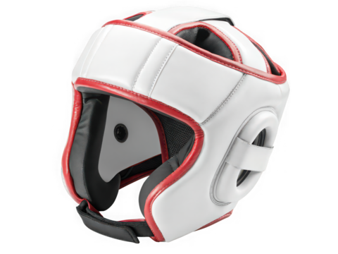 White and red leather headgear for boxing or martial arts training