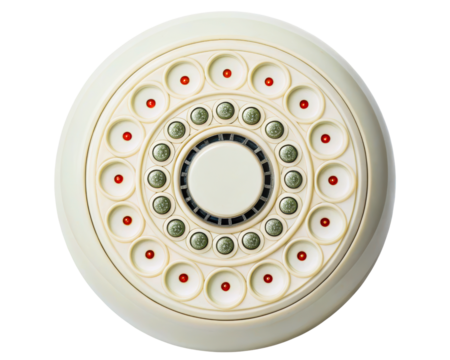 Retro circular control panel with red and green push buttons arranged in rings on a transparent background
