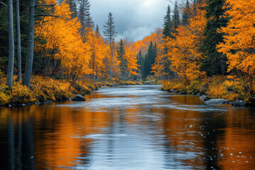 Obraz premium Colorful fall foliage frames a serene river.