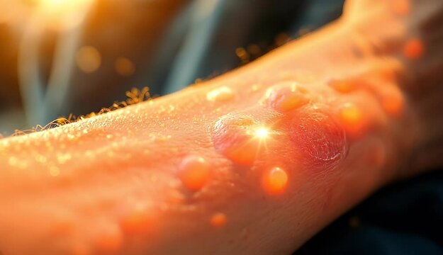 Close-up of inflamed skin with blisters, possibly caused by an allergic reaction or insect bites.  Medical image showing skin irritation.