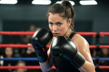Woman Boxer Defensive Stance Black Gloves Ring
