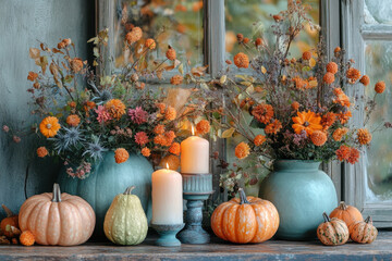 Table centerpiece with pumpkins, candles, and fall foliage for autumn decor inspiration.