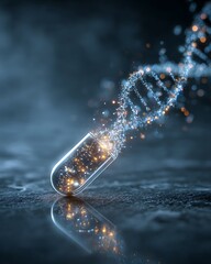 The capsule is placed on a glass surface and glowing DNA strands shoot out powerfully, symbolizing new healing power.