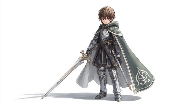 Fototapeta Young, armored figure in a flowing cloak, holding a sword