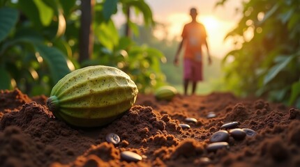 Harvesting cocoa beans at sunset in a lush farm nature photography agricultural tranquility close-up perspective