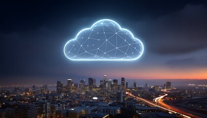 Cloud computing cityscape at twilight